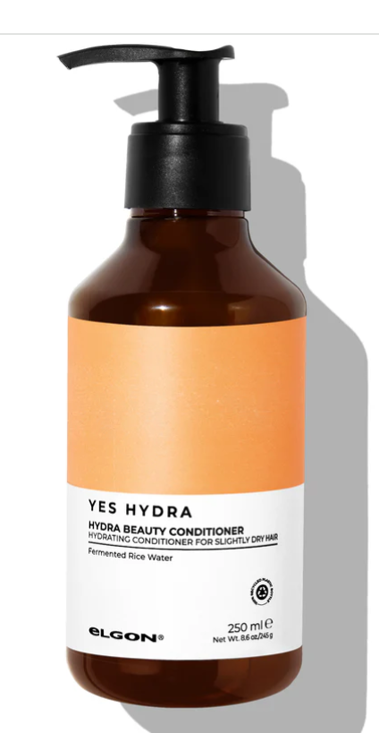 eLGON- YES HYDRA 水樣保濕洗髮精-保濕護髮素瓶搭配柔順、健康光澤的秀髮畫面